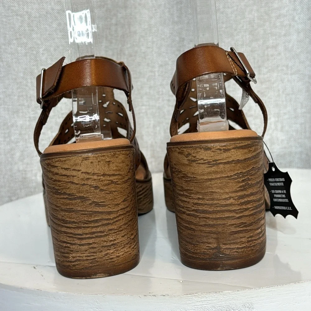 ERIC MICHAEL WHITNEY  COGNAC LEATHER LASER CUT PLATFORM BOHO SANDALS NIB EU 40